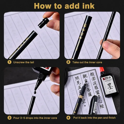 Vista 5 de Maxmartt 3 bolígrafos de tinta de artista de 3 tamaños para escribir dibujo, caligrafía china japonesa, shodo, pincel de tinta, bolígrafo de tinta