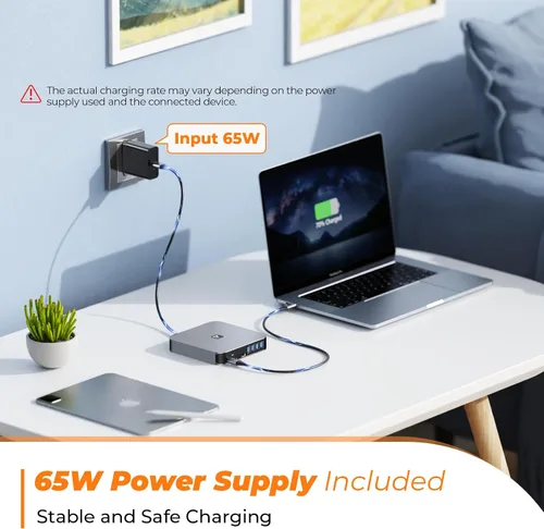 Vista 5 de TobenONE Docking Station 3 Monitores, basado en controlador, para MacBook M1-M5/Neo 13-in-1 USB C Dock with 2 4K HDMI, VGA, 4 USB, 65W Charger