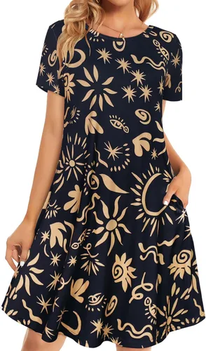 Vista 29 de Vestidos de verano para mujer, informales, holgados, estilo camiseta, florales, de manga corta, con vuelo y bolsillos, para la playa