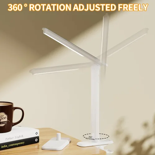 Vista 6 de Lámpara LED de escritorio, lámpara de mesa regulable, lámpara de lectura con clip y base intercambiables, 3 brillos regulables, pequeña lámpara