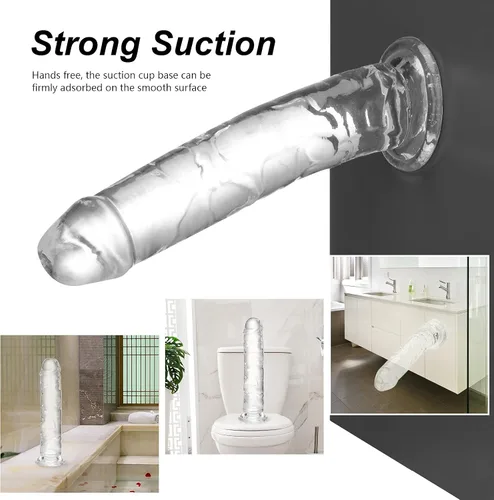 Vista 3 de Consolador realista de 7.1 pulgadas, consolador transparente con fuerte ventosa para jugar con manos libres, material suave, juguetes sexuales