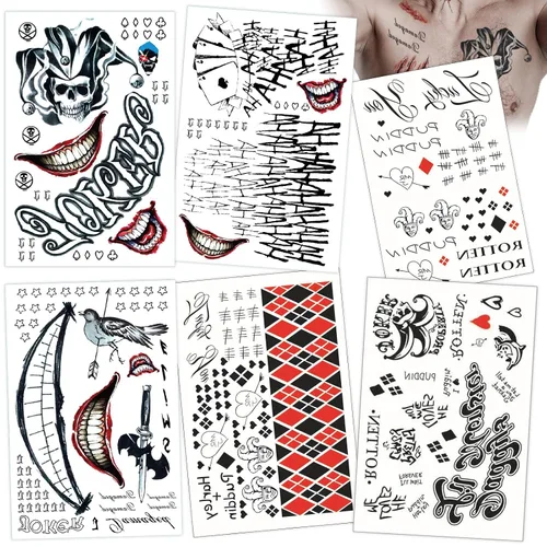 Vista 7 de Joker Tattoos 13 hojas, tatuajes temporales de Halloween para hombres, calcomanías de tatuaje falso de escuadrón suicida para adultos, disfraz