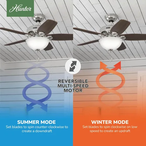 Vista 4 de Hunter Builder, ventilador de techo, para interiores, cadena de tracción, 42 pulgadas, níquel cepillado con luz LED, montaje estándar, 5