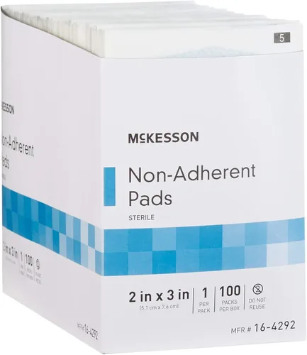 Vista 8 de McKesson, compresas no adherentes, estériles, Nylon/Poliéster, 2 x 3 pulgadas, 100 unidades, 1 paquete Altamente absorbente, eliminación indolora