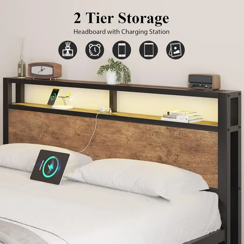 Vista 47 de LOEWAY Base de cama tamaño Queen con cabecero de almacenamiento y luces LED, color gris