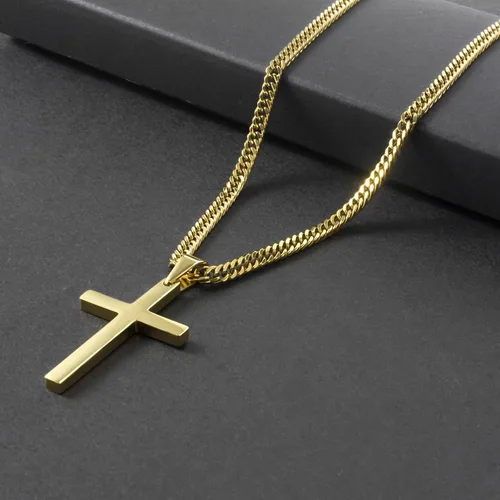 Vista 4 de Collar de cruz para hombre, collar con colgante de cruz lisa de acero inoxidable plateado y dorado para hombre, cadena cubana de 18 a 26 pulgadas