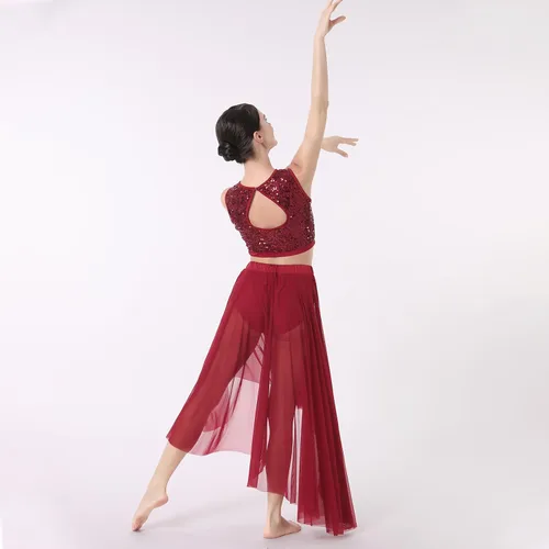 Vista 2 de Vestido de baile con lentejuelas brillantes, sin mangas, 2 piezas, vestido de baile floral, malla de encaje, falda de tul dividida con pantalones