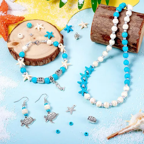 Vista 8 de Beadthoven - 160 cuentas de estrella de mar de mar y turquesa, dijes de tortuga plateada, blanco, azul, pequeños animales oceánicos, cuentas 0Ocean