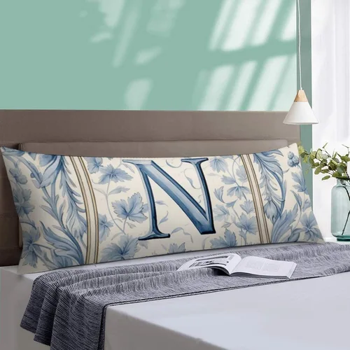 Vista 4 de Funda de almohada con monograma rústico de color azul suave con inicial N Body de 20 x 54 pulgadas, funda de almohada floral personalizada