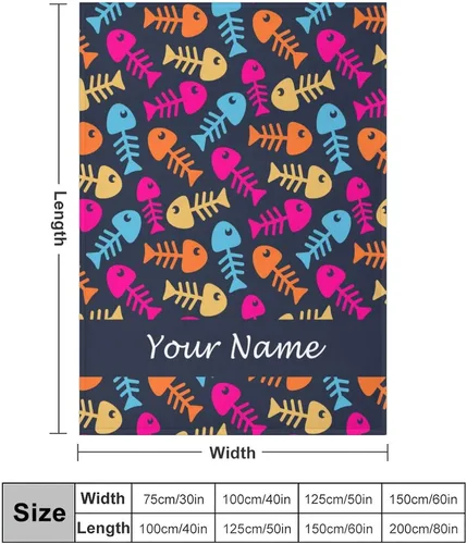 Vista 2 de Manta personalizada con texto de tu nombre, mantas de vellón coloridas personalizadas con huesos de pescado para adultos, niños, familia