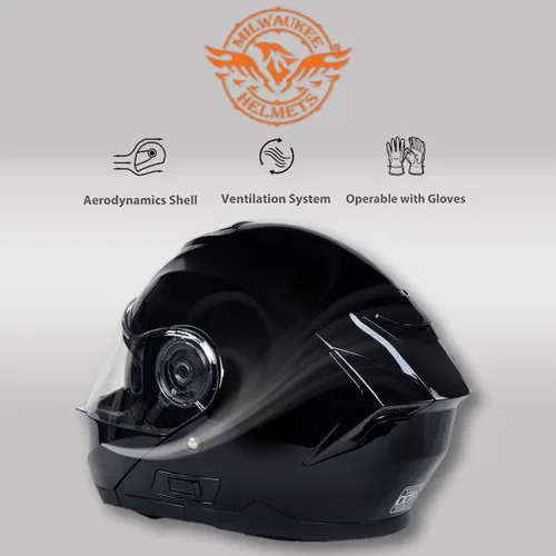 Vista 6 de Milwaukee Helmets MPH9815DOT Breeze - Casco modular de motocicleta avanzado negro brillante con visera desplegable