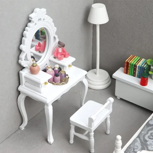 Vista 3 de LUOZZY 2 piezas de accesorios de muebles en miniatura escala 1:12 Mini tocador y taburete modelo conjunto de decoración de casa de muñecas - blanco