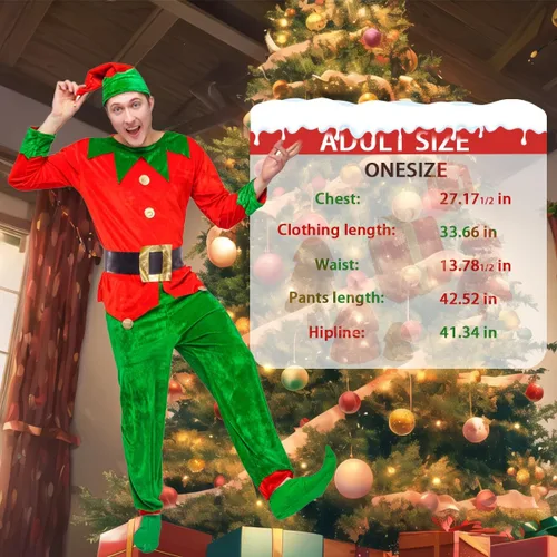 Vista 4 de flatwhite - Disfraz de elfo navideño rojo, verde (hombre)