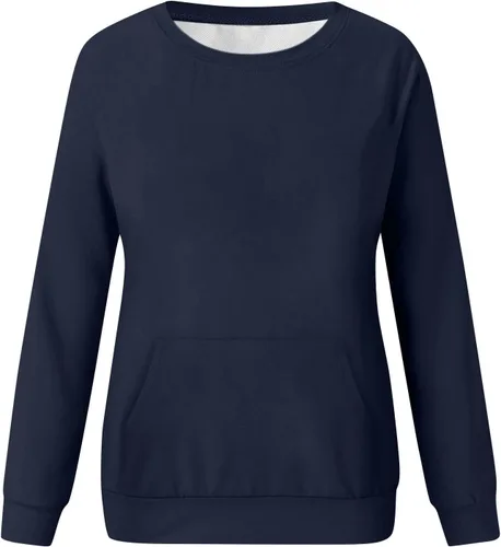 Vista 4 de Sudaderas de otoño para mujer, color liso, manga larga, cuello redondo, informal, con bolsillo, holgadas, cómodas