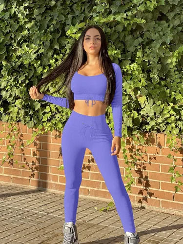 Vista 4 de Stylishine Conjunto de 2 piezas de entrenamiento para mujer, trajes acanalados de manga larga, tops cortos de cintura alta, leggings para yoga