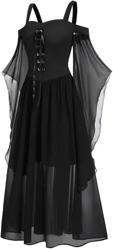 Vista 3 de WKSCLPAI Disfraces renacentistas para mujer, vestido medieval retro, sexy, con hombros descubiertos, corsé gótico, vestido de gasa de retazos