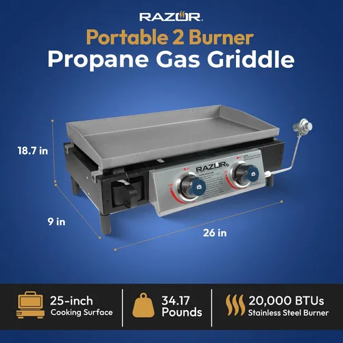 Vista 2 de Razor Griddle GGT2130M - Parrilla portátil de gas propano LP de 25 pulgadas para exteriores, 2 quemadores, con 318 pulgadas cuadradas para cocinar