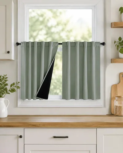 Vista 30 de PONY DANCE Cortinas opacas 100% cortas de 24 pulgadas de largo, medias cortinas con aislamiento térmico para ventanas pequeñas con parte trasera