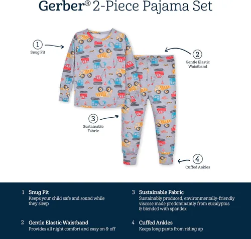 Vista 6 de Gerber Unisex Baby Toddler Buttery Soft 2-Piece Snug Fit Pajamas with Viscose Made from Eucalyptus