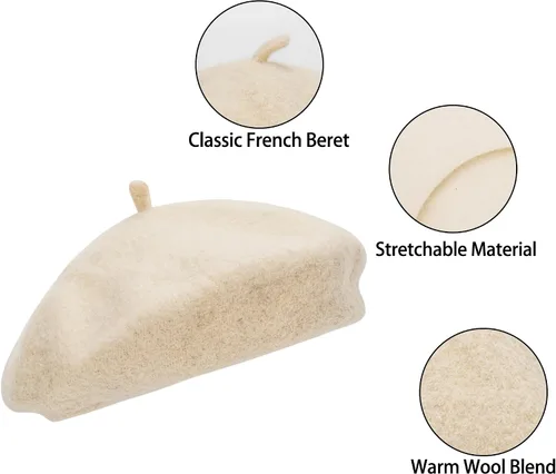 Vista 3 de INOGIH Boina francesa de mezcla de lana para mujer, gorro sólido elástico, boina cálida de invierno
