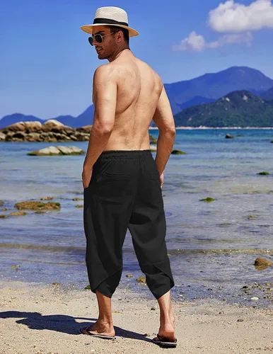 Vista 4 de COOFANDY Pantalones capri harén de lino para hombre, ligeros, sueltos, 34, con cordón elástico, cintura elástica, pantalones casuales para yoga