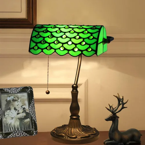 Vista 3 de Green Bankers - Lámpara de mesa vintage, luz de escritorio retro, lámpara de escritorio de oficina de vidrieras Tiffany, lámpara de cuentas