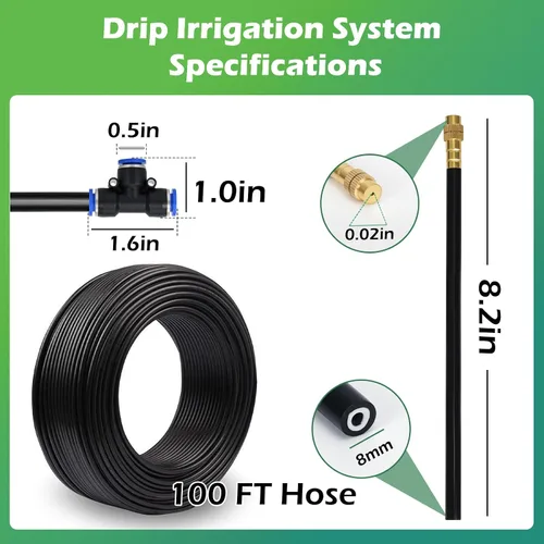 Vista 4 de Drip Irrigation System Kit 100 FT with 32 Nozzles, 360° Adjustable Bendable Garden Watering Misting System for Greenhouse, Yard, Lawn, Plant
