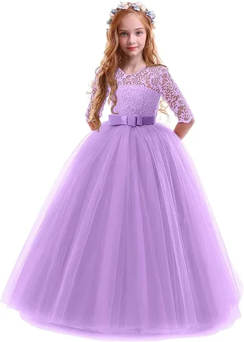 Vista 2 de Vestidos de punto de manga larga para niña pequeña, vestidos de princesa tutú de malla de encaje