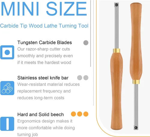 Vista 3 de Herramienta de torneado de madera de tamaño mini, cincel de torno de carburo con inserto cuadrado de 0.433 in, raspador de torneado de madera