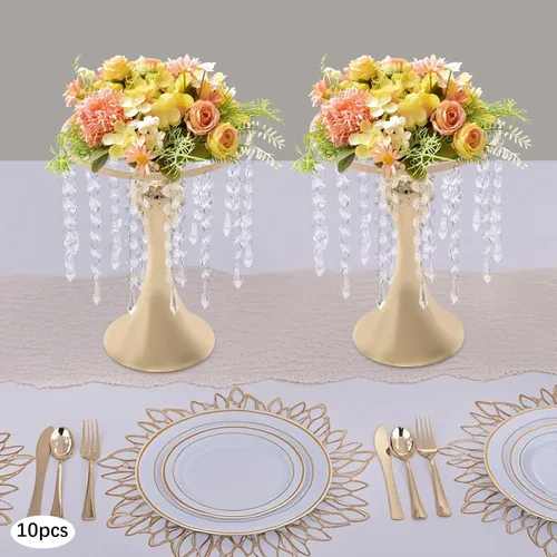 Vista 9 de Juego de 10 portavelas de metal dorado de 10.2 pulgadas de alto, florero, arreglo floral, candelabro, candelabro, portavelas para bodas, fiestas