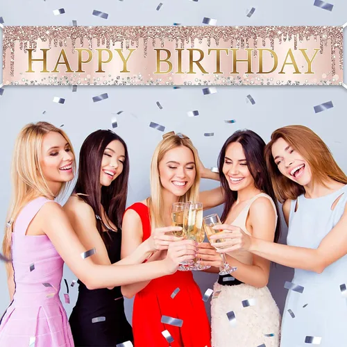 Vista 7 de Cartel de feliz cumpleaños de oro rosa rosa para mujer, pancarta de feliz cumpleaños para puerta y suministros de fiesta, grande 16, 21, 30, 40, 50