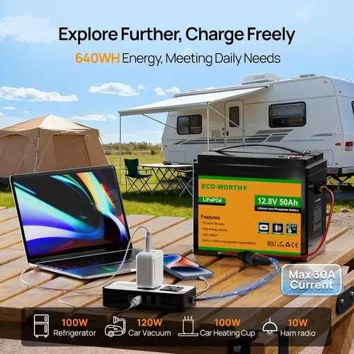 Vista 3 de ECO-WORTHY Batería de litio LiFePO4 de 12 V 50 Ah con panel solar portátil de 100 W, Bluetooth 5.0, protección a baja temperatura, se conecta al
