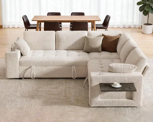 Vista 2 de Sofá modular modular de 86 pulgadas en forma de L, 5 asientos con cama Beige