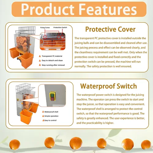 Vista 5 de Máquina exprimidora naranja comercial de 110 V, extractor automático de acero inoxidable naranja con engranajes de acero, 2 cáscaras que recogen