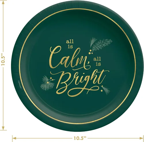 Vista 3 de HOME & HOOPLA Platos y servilletas de papel grandes para fiesta de Navidad, diseño calmado y brillante en verde y dorado moderno (para 16 personas)