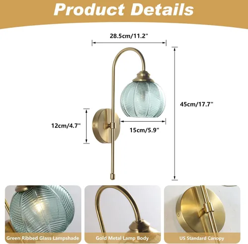 Vista 2 de KCO Lighting - Lámpara de pared vintage con globo de vidrio verde y brazo de latón cepillado - Aplique de globo grande, acabado dorado - Lámpara