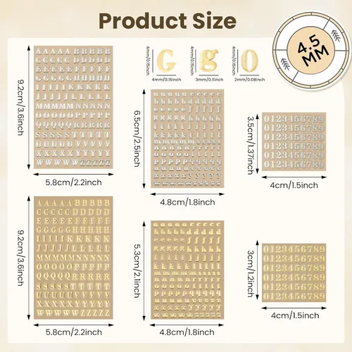 Vista 4 de EORTA 6 hojas de calcomanías de letras y números del alfabeto de 4,5 mm, mini calcomanías de letras brillantes de aleación autoadhesivas