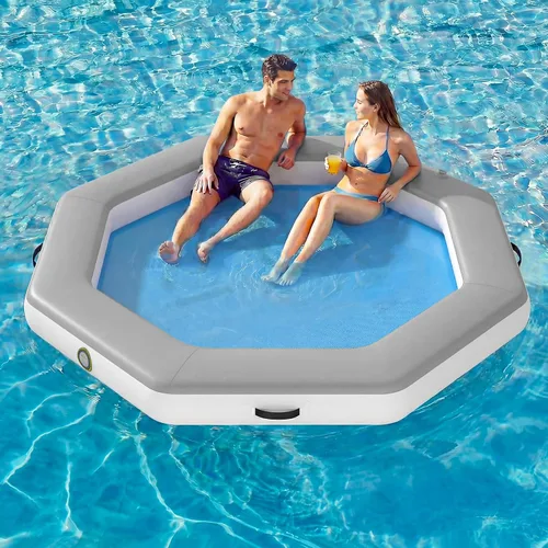 Vista 14 de Muelle flotante inflable redondo de 6 a 12 pies, anillo de flotador Sunchill, hamaca de agua para broncear flotadores de piscina con tela tejida