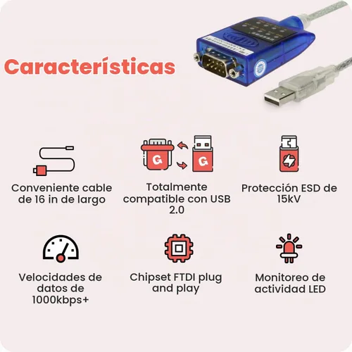 Vista 3 de Gearmo Adaptador USB a serie RS-232 - Chipset FTDI original, luces indicadoras LED de doble color, Plug & Play, utiliza dispositivos seriales DB9