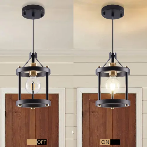 Vista 9 de MO&OK Juego de lámparas de araña de 3 luces vintage, lámparas colgantes de metal y madera estilo granja en negro, iluminación colgante de estructura