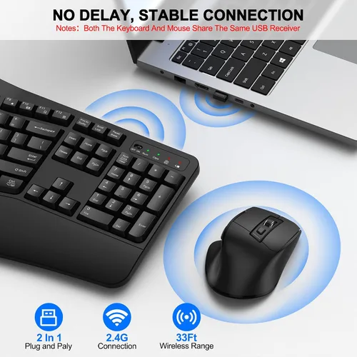 Vista 5 de Combo de teclado y mouse inalámbricos, teclado ergonómico de tamaño completo 2.4G con diseño de teclas onduladas y reposamuñecas, mouse ergonómico