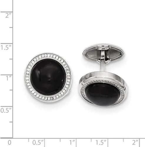 Vista 2 de Acero inoxidable pulido con circonita cúbica y ónix simulado gemelos circulares de 0.787 in de ancho - para hombre, talla única , Circonita cúbica