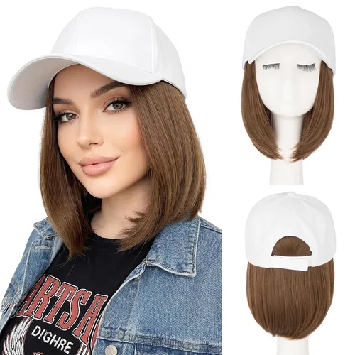 Vista 41 de SEGO - Gorra de béisbol con extensiones de cabello para mujer, resistente al calor, sintético, 6 pulgadas, ajustable, corta, recta, peluca