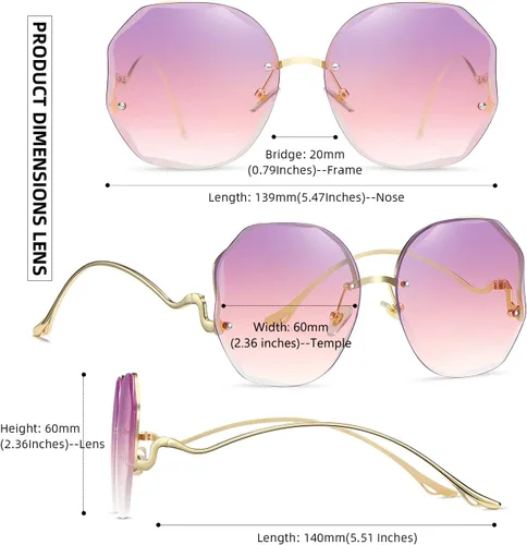 Vista 4 de WOWSUN Y2K - Gafas de sol vintage degradadas sin montura para mujer