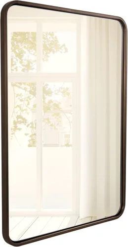 Vista 33 de Espejo de latón para baño, espejo rectangular redondeado de 22x30 pulgadas con marco de metal cepillado dorado, espejo de tocador de baño sin