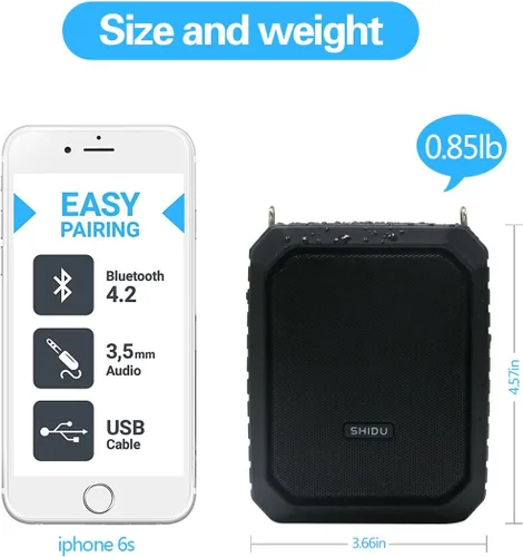 Vista 5 de Amplificador de voz con micrófono de solapa/micrófono auriculares-18 W IPX5 impermeable megáfono altavoz sistema Pa, micrófono portátil Bluetooth