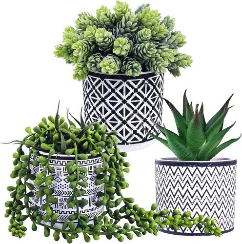 Vista 2 de Winlyn 3 piezas pequeñas de plantas suculentas en maceta, cadena de perlas artificiales, lúpulo de aloe en macetas geométricas de hormigón negro