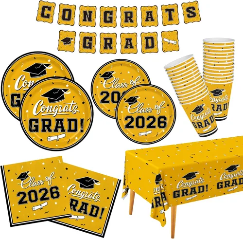 Vista 8 de Decoraciones de graduación de clase de 2026, juego de vajilla de fiesta de graduación de graduación negro y dorado, platos de papel desechables
