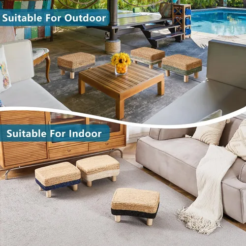 Vista 6 de Cpintltr Taburete otomano rectangular, reposapiés, otomano, reposapiés natural de algas marinas con patas de madera, taburete tejido a mano