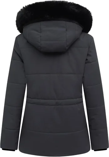 Vista 2 de MOERDENG Abrigo de invierno cálido para mujer, con forro polar grueso, chaqueta de plumón de piel sintética, capucha desmontable, ropa de abrigo